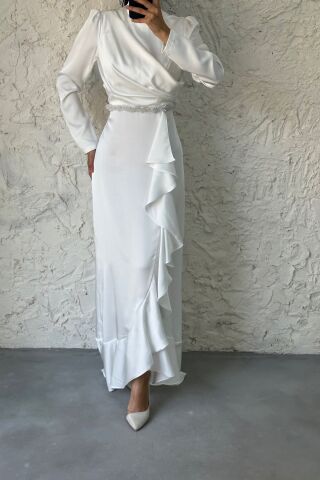 Satin Hijab Evening Dress Ecru with Bead Detail at the Waist