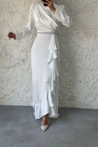 Satin Hijab Evening Dress Ecru with Bead Detail at the Waist