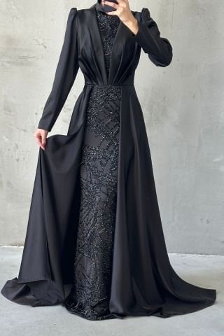 Pelerinli Detaylı Işıltılı İşlemeli Saten Tesettür Abiye Siyah