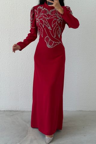 İnce Taş İşlemeli Krep Tesettür Abiye Bordo