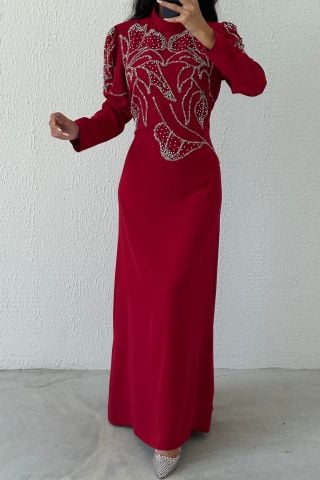 İnce Taş İşlemeli Krep Tesettür Abiye Bordo