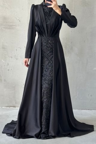 Cape Detailed Sparkly Embroidered Satin Hijab Evening Dress Black