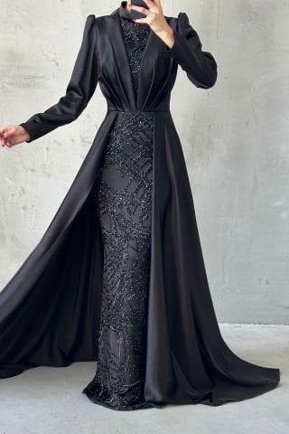 Pelerinli Detaylı Işıltılı İşlemeli Saten Tesettür Abiye Siyah