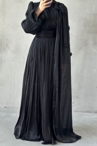 Elegant Flower Detailed Janjan Hijab Evening Dress Black