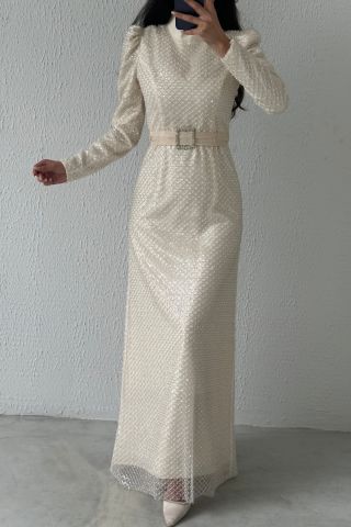 İşleme Detaylı Kemerli Tesettür Abiye Ekru
