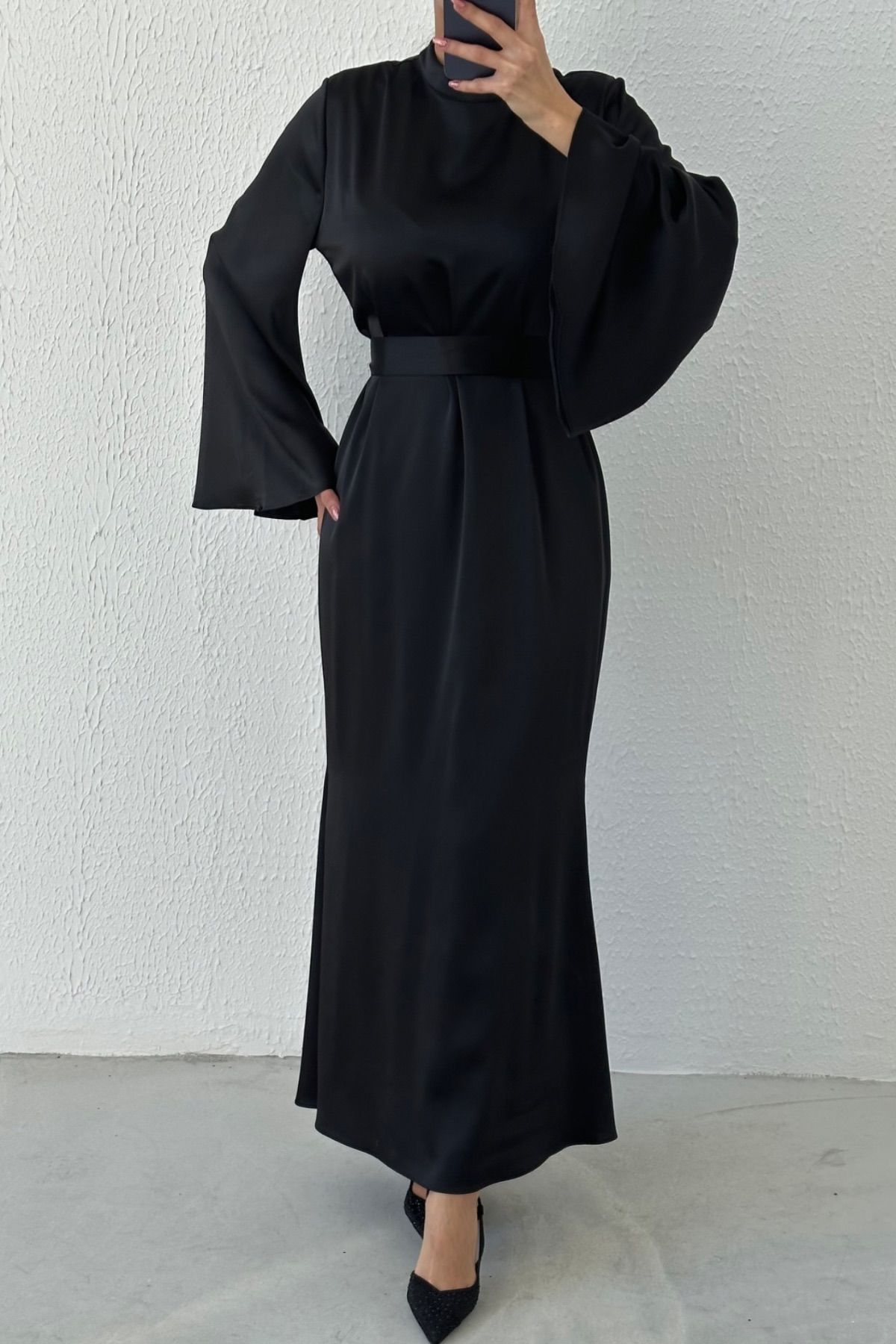 Belted Flounce Sleeve Satin Hijab Evening Dress Black