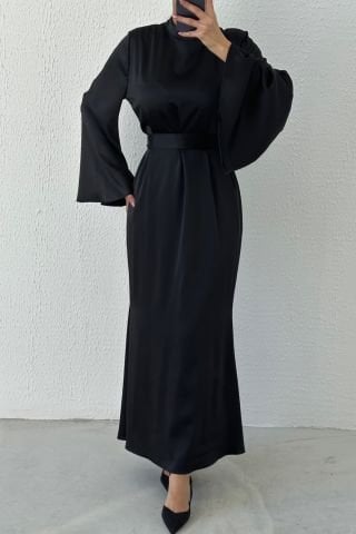 Belted Flounce Sleeve Satin Hijab Evening Dress Black