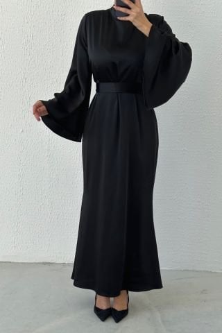 Belted Flounce Sleeve Satin Hijab Evening Dress Black