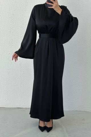 Belted Flounce Sleeve Satin Hijab Evening Dress Black