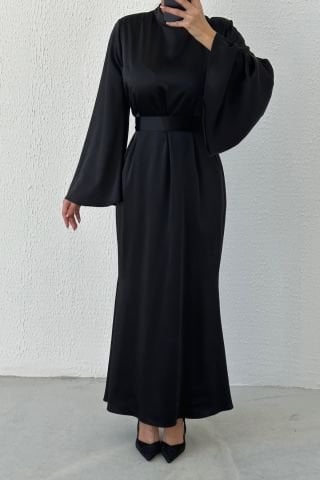 Belted Flounce Sleeve Satin Hijab Evening Dress Black