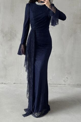 Lace Hijab Evening Dress Navy Blue