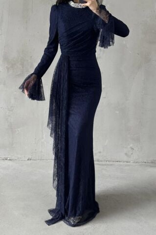 Lace Tesettür Abiye Lacivert