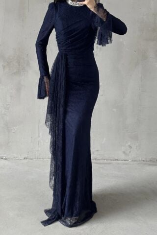 Lace Tesettür Abiye Lacivert