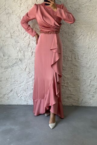 Satin Hijab Evening Dress Powder with Bead Detail at the Waist