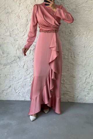 Belden Boncuk Detaylı Saten Tesettür Abiye Pudra