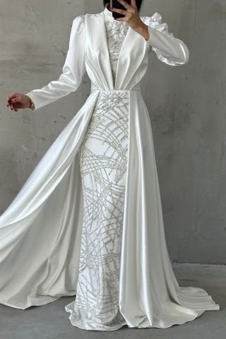 Pelerinli Detaylı Işıltılı İşlemeli Saten Tesettür Abiye Ekru