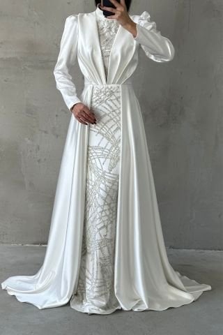 Cape Detailed Sparkly Embroidered Satin Hijab Evening Dress Ecru