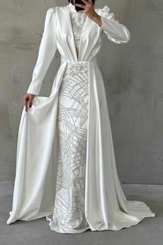 Pelerinli Detaylı Işıltılı İşlemeli Saten Tesettür Abiye Ekru