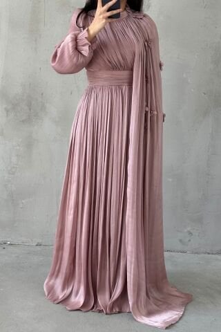 Zarif Çiçek Detaylı Janjan Tesettür Abiye Vizon