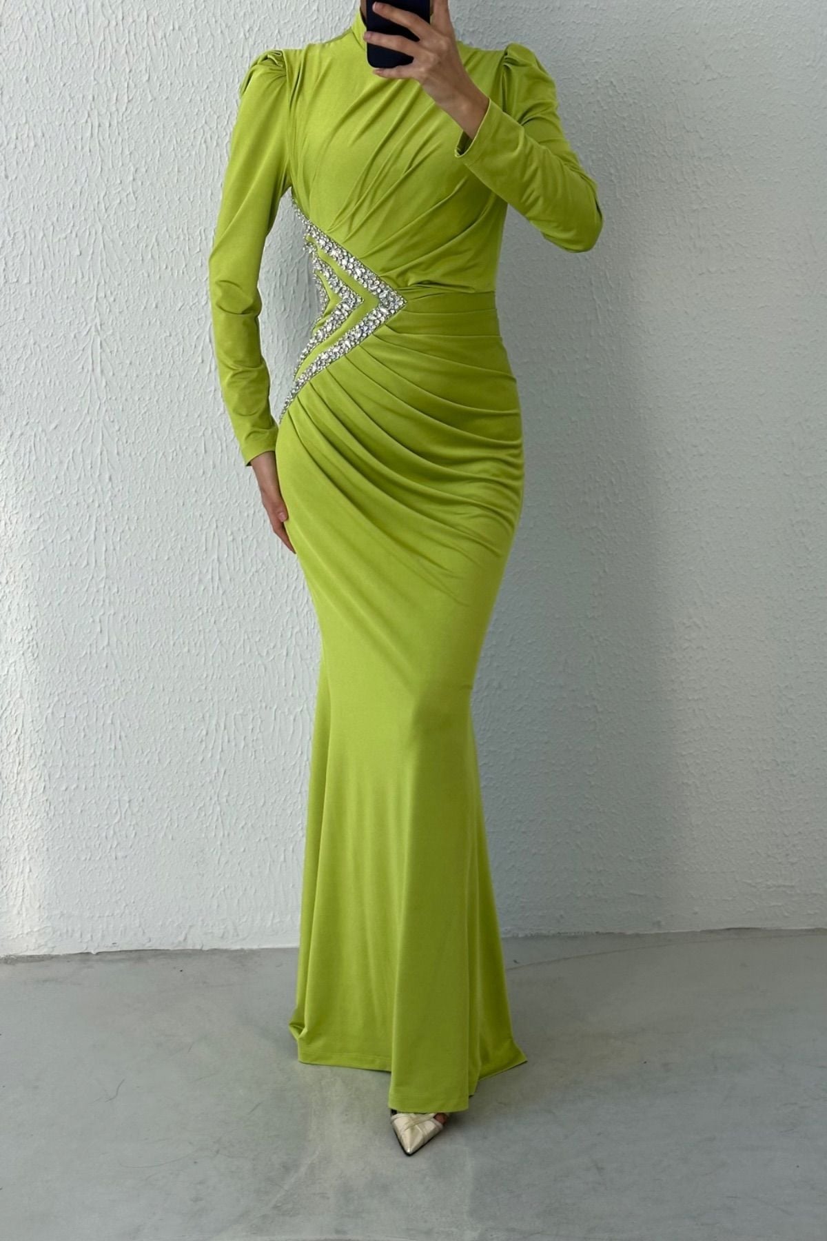 Fish Model Waist Elegant Detailed Sendi Fabric Hijab Evening Dress Oil Green