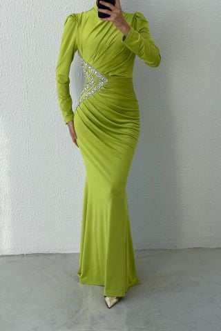 Fish Model Waist Elegant Detailed Sendi Fabric Hijab Evening Dress Oil Green