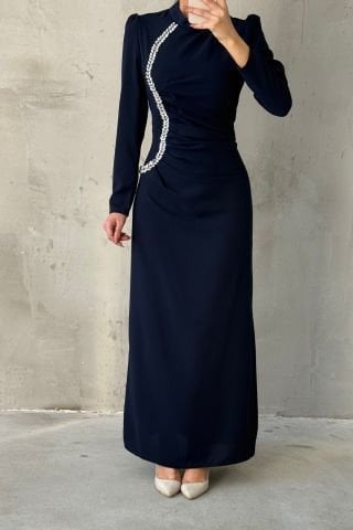 Belden Büzgülü Taşlı Krep Tesettür Abiye Lacivert