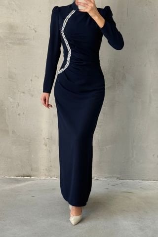 Belden Büzgülü Taşlı Krep Tesettür Abiye Lacivert