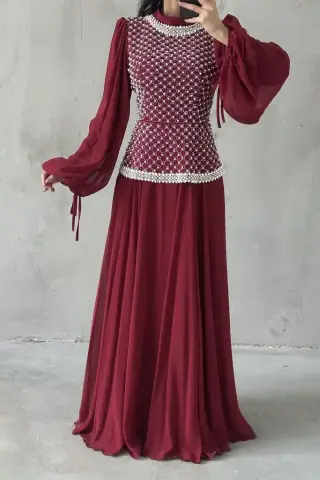 Liora Tesettür Abiye Bordo