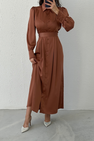 Buttoned Satin Hijab Evening Dress Copper