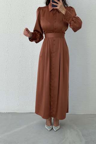 Boydan Düğmeli Saten Tesettür Abiye Bakır