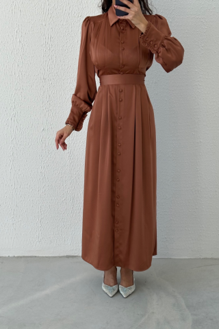 Buttoned Satin Hijab Evening Dress Copper