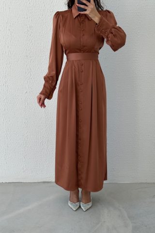 Buttoned Satin Hijab Evening Dress Copper