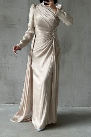 Unique Design Modern Embellished Janjan Hijab Evening Dress Ecru