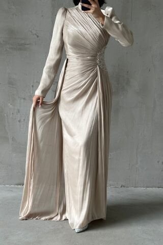 Unique Design Modern Embellished Janjan Hijab Evening Dress Ecru