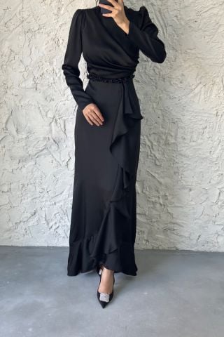 Belden Boncuk Detaylı Saten Tesettür Abiye Siyah