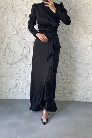 Belden Boncuk Detaylı Saten Tesettür Abiye Siyah