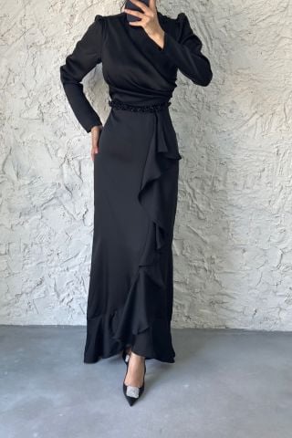 Belden Boncuk Detaylı Saten Tesettür Abiye Siyah
