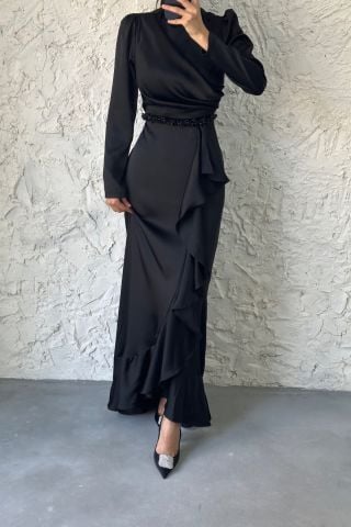 Belden Boncuk Detaylı Saten Tesettür Abiye Siyah