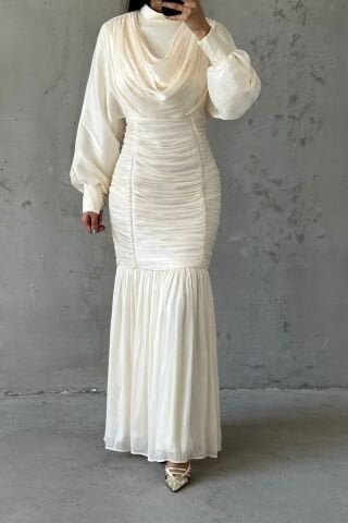 Pleated Waistline Janjan Modest Evening Dress Ecru