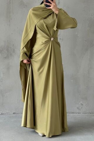 Flowing Fabric and Brooch Detailed Satin Hijab Evening Dress Oil Green