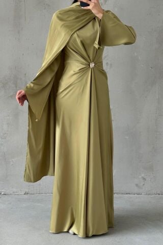 Flowing Fabric and Brooch Detailed Satin Hijab Evening Dress Oil Green