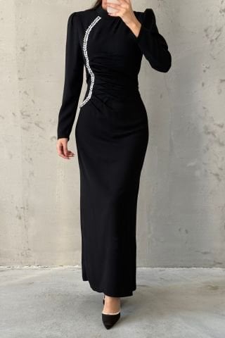 Belden Büzgülü Taşlı Krep Tesettür Abiye Siyah