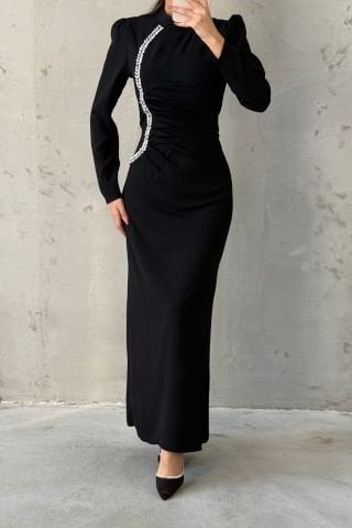 Belden Büzgülü Taşlı Krep Tesettür Abiye Siyah