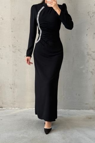 Belden Büzgülü Taşlı Krep Tesettür Abiye Siyah