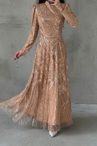 İşlemeli Dökümlu Zarif Tesettür Abiye Bakır