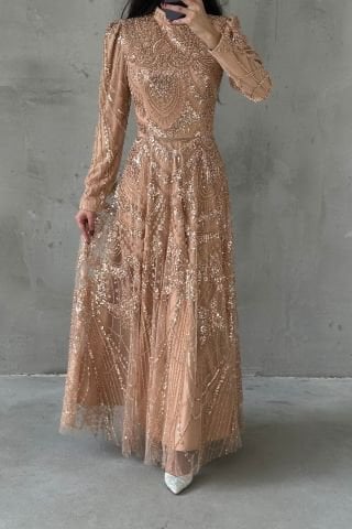 İşlemeli Dökümlu Zarif Tesettür Abiye Bakır