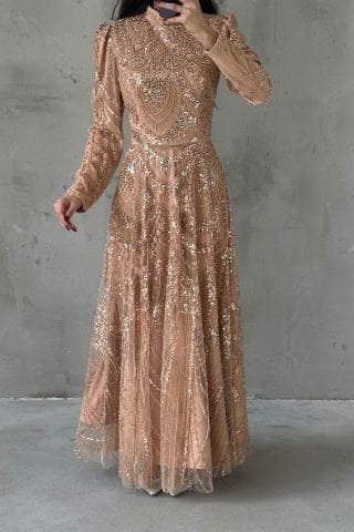 İşlemeli Dökümlu Zarif Tesettür Abiye Bakır