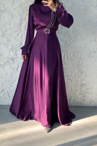 Satin Hijab Evening Dress with Stone Detail, Plum