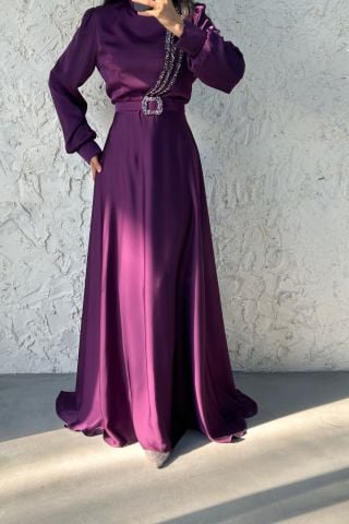 Satin Hijab Evening Dress with Stone Detail, Plum