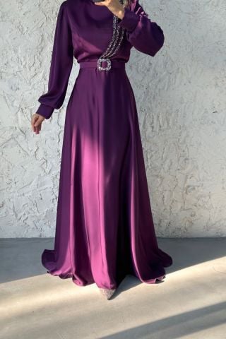 Satin Hijab Evening Dress with Stone Detail, Plum